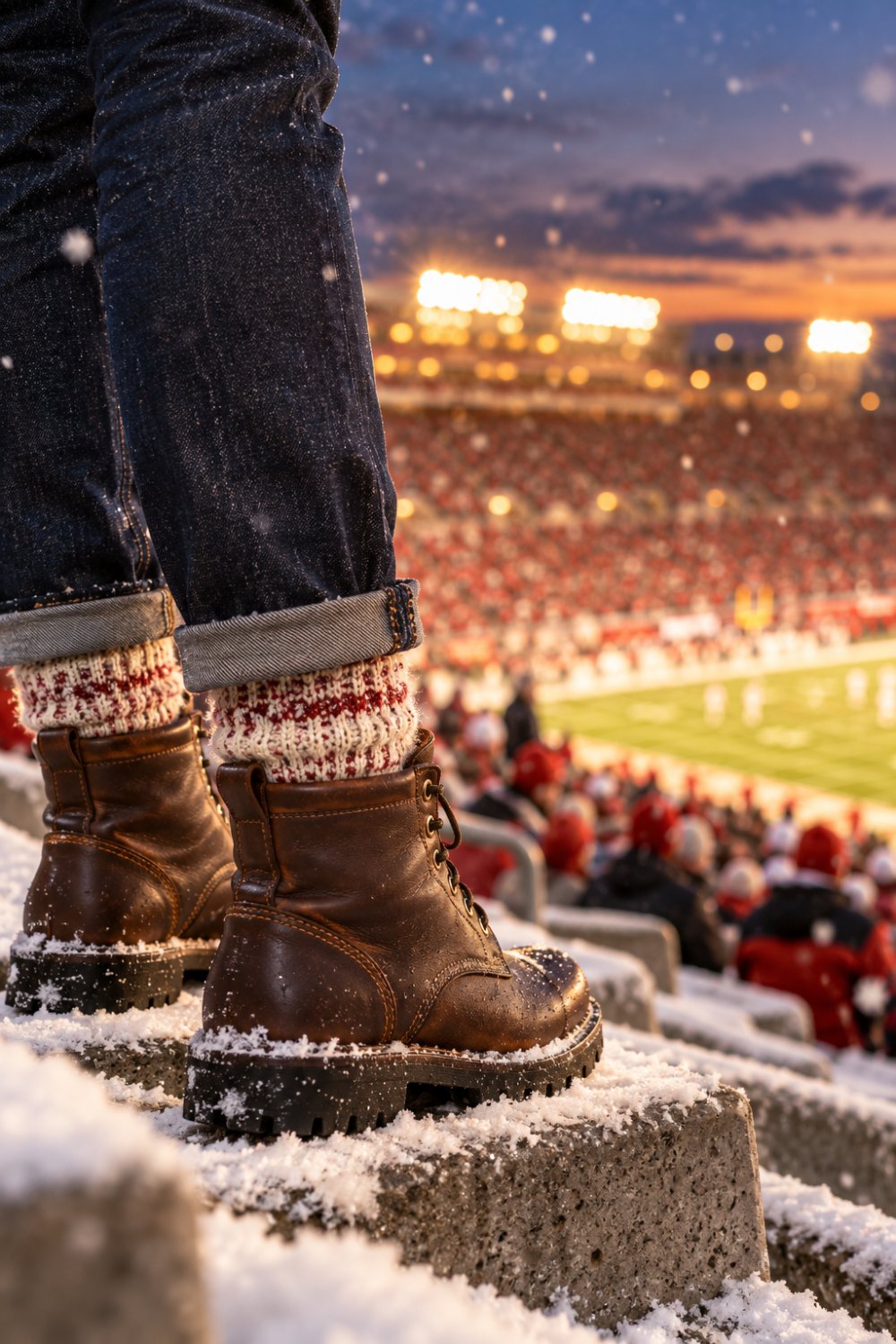 Close-up from the knees down of insulated leather boots and thick wool socks on snowy concrete stadium steps under floodlights