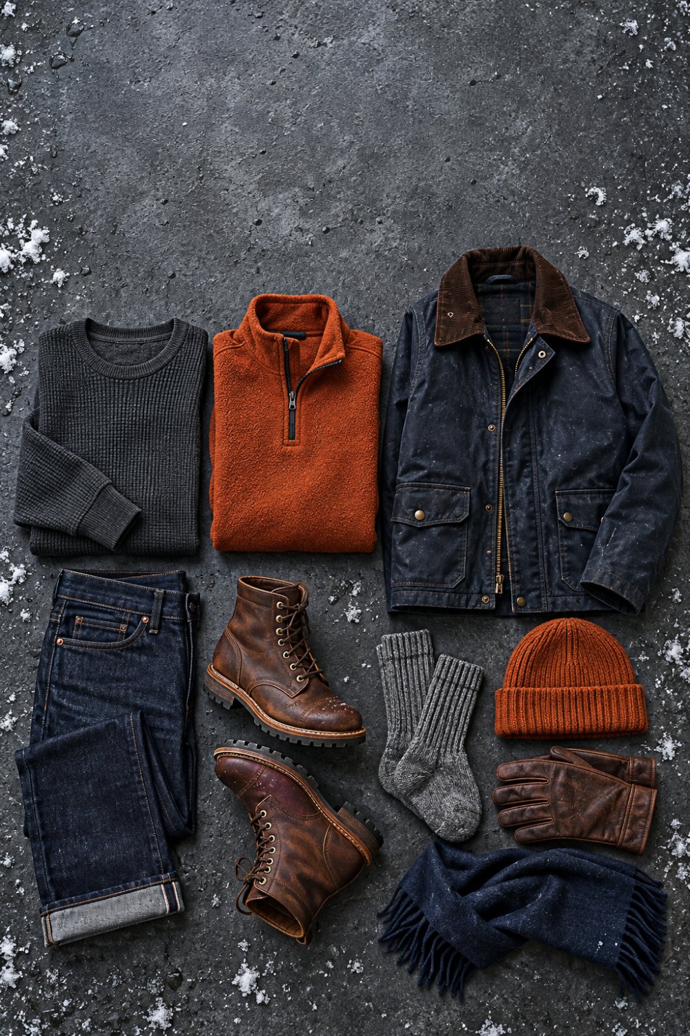 Flat lay of a men's cold weather game day outfit on snowy concrete: waffle-knit thermal, burnt orange fleece quarter-zip, navy waxed jacket, dark jeans, leather boots, wool socks, beanie, gloves and scarf