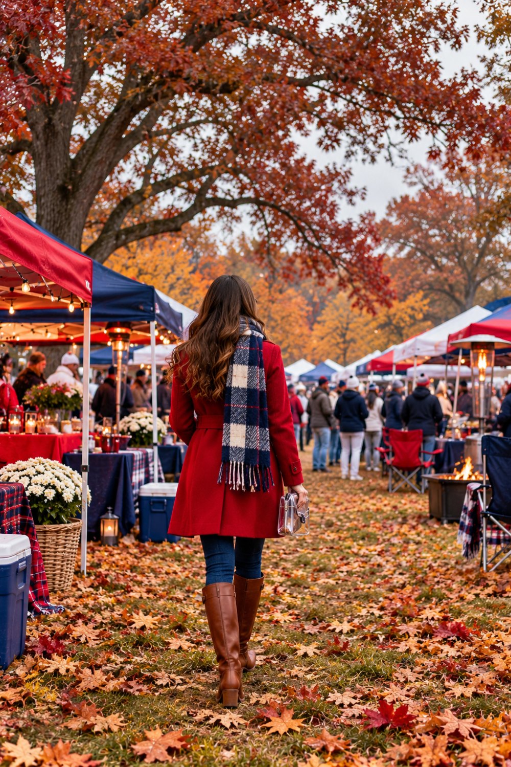 A woman seen from behind walking through an autumn tailgate in a red wool coat, navy and cream plaid scarf, dark jeans and tall cognac boots, holding a clear clutch past red, navy and white tents
