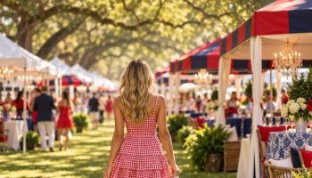 Ole Miss game day outfits in the Grove: a woman seen from behind in a red and white gingham sundress and white sneakers, carrying a clear stadium tote past red, navy and white tents with chandeliers under oak trees
