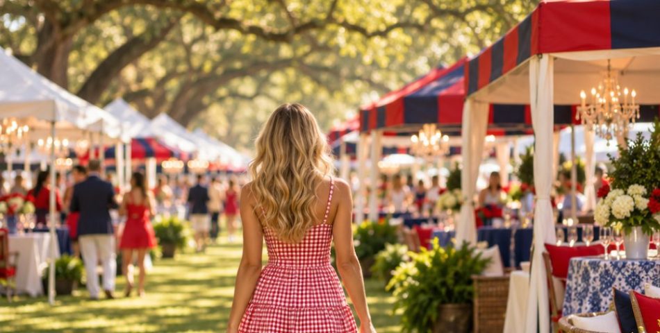 Ole Miss game day outfits in the Grove: a woman seen from behind in a red and white gingham sundress and white sneakers, carrying a clear stadium tote past red, navy and white tents with chandeliers under oak trees