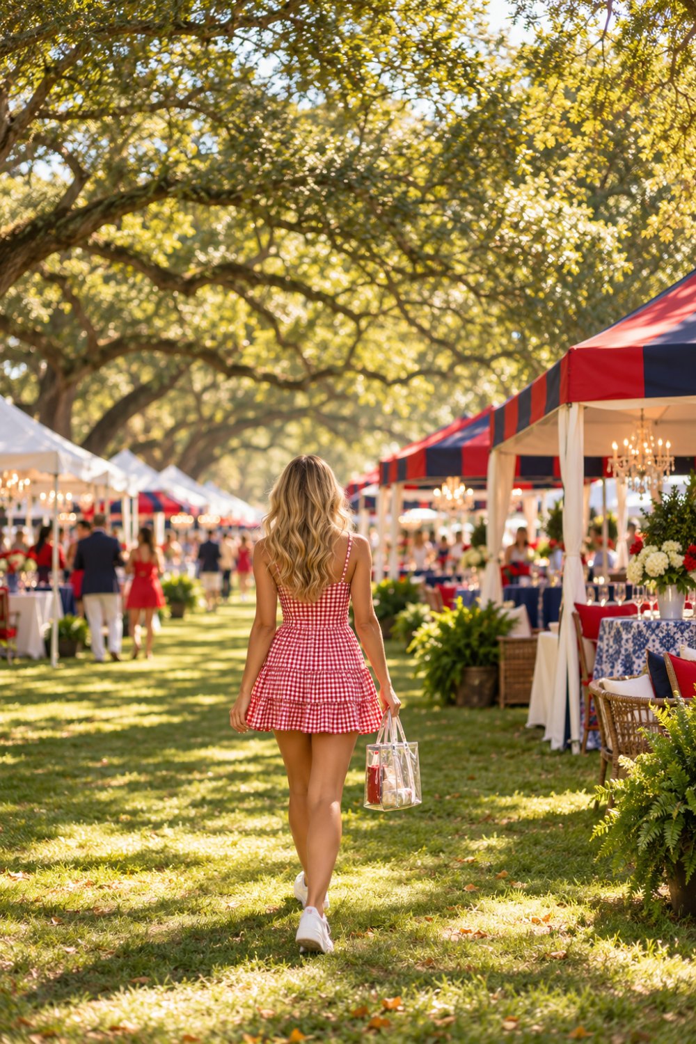 Ole Miss game day outfits in the Grove: a woman seen from behind in a red and white gingham sundress and white sneakers, carrying a clear stadium tote past red, navy and white tents with chandeliers under oak trees