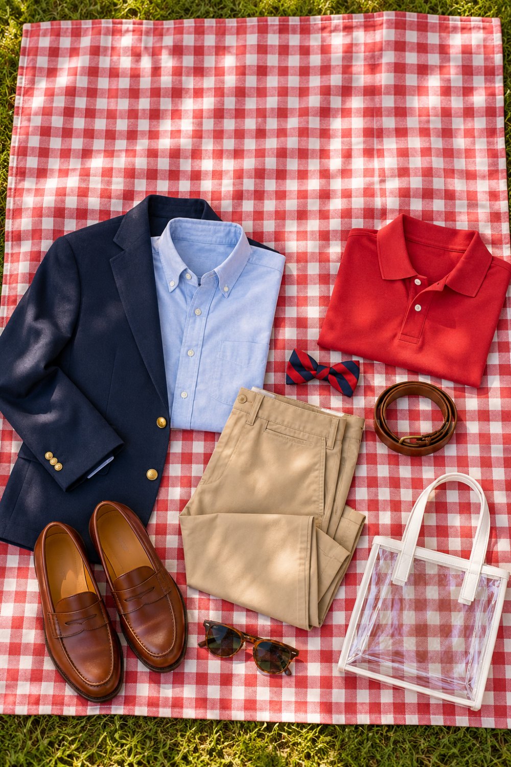 Flat lay of a men's Grove game day outfit on a red gingham blanket: navy blazer, light blue oxford shirt, khaki chinos, brown penny loafers, red and navy striped bow tie, red polo, leather belt, tortoiseshell sunglasses and a clear stadium tote