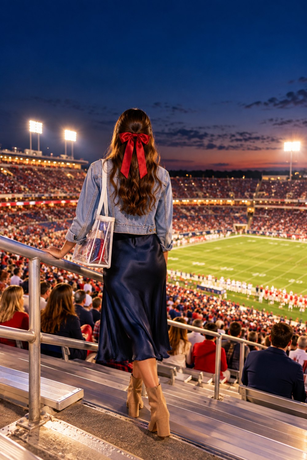 A woman seen from behind at a night football game in a navy satin midi dress, cropped denim jacket, red satin hair bow and tan block-heel boots, carrying a clear tote above a red and navy crowd
