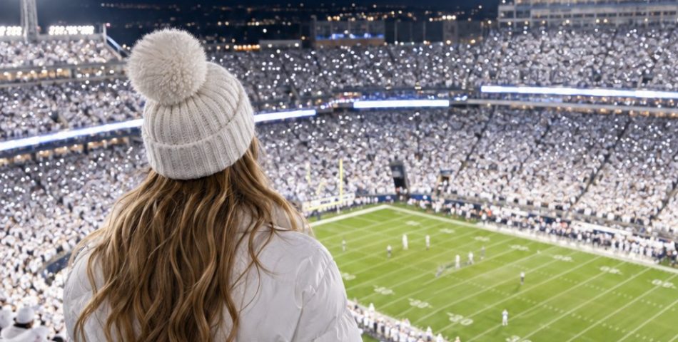Penn State game day outfits for the White Out: a woman seen from behind in a white puffer jacket, white pom-pom beanie and light jeans above a night game where the whole crowd wears white