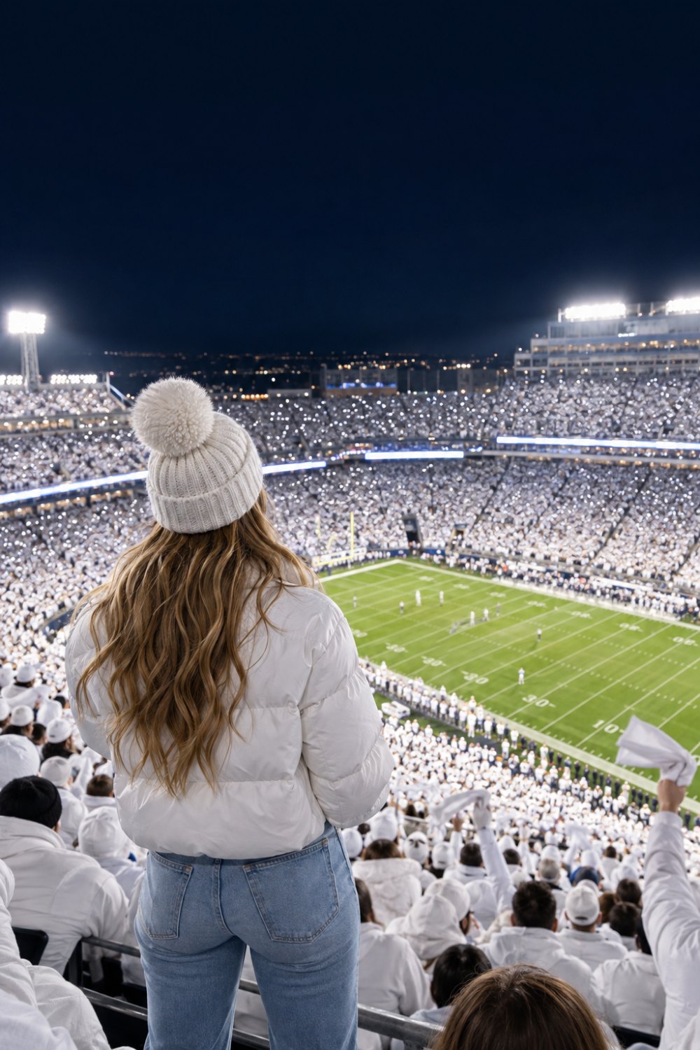 Penn State game day outfits for the White Out: a woman seen from behind in a white puffer jacket, white pom-pom beanie and light jeans above a night game where the whole crowd wears white