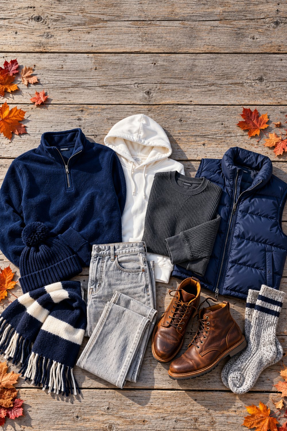 Flat lay of a men's navy and white game day outfit on wooden boards with autumn leaves: navy fleece quarter-zip, white hoodie, charcoal thermal, grey jeans, navy puffer vest, brown leather boots, navy pom-pom beanie, striped scarf and wool socks