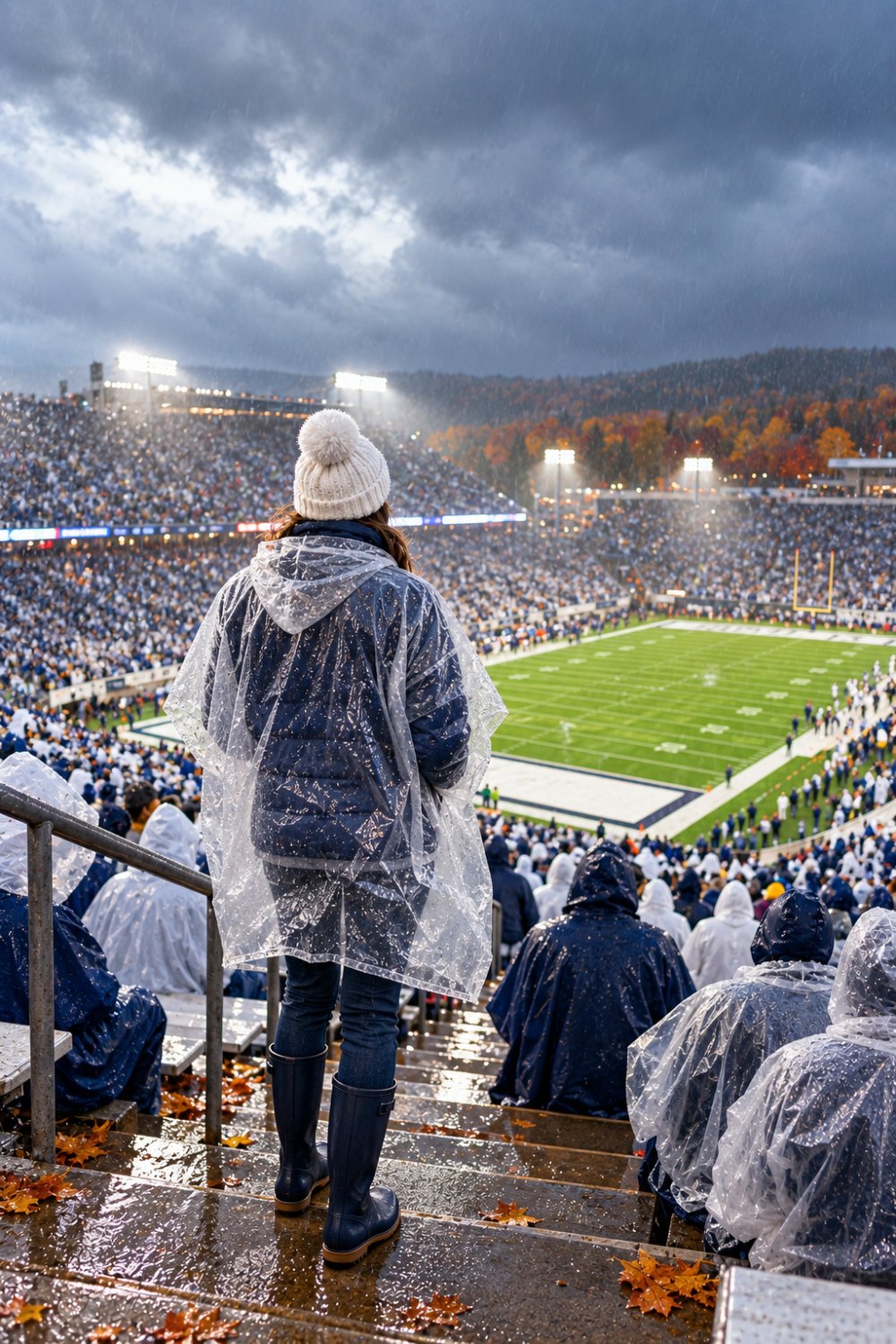 A fan seen from behind in the upper rows of an open-air stadium in autumn rain, wearing a clear poncho over a navy puffer, a white pom-pom beanie, jeans and navy rain boots, above a crowd in navy and clear ponchos