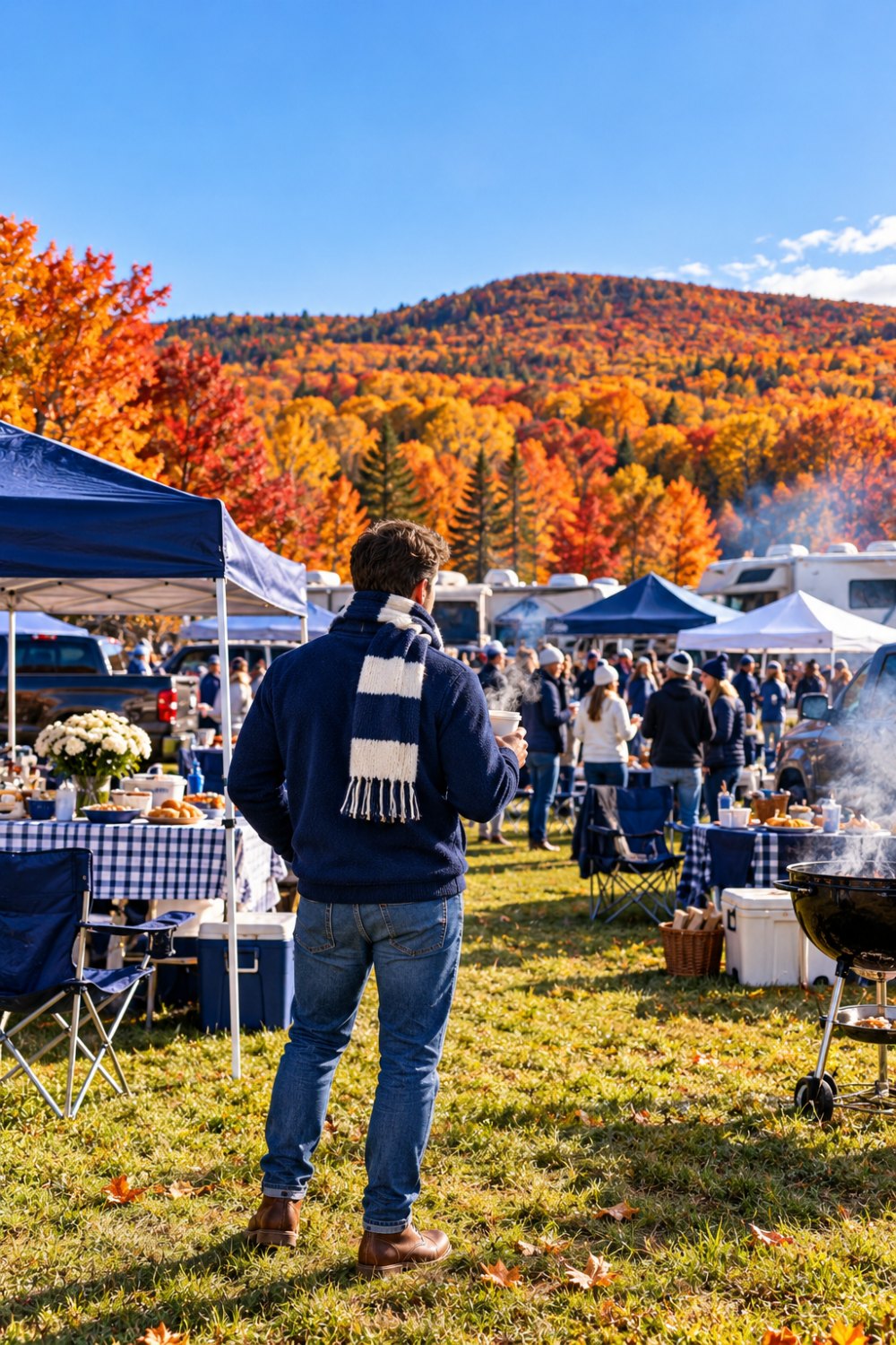 A fan seen from behind at a busy autumn tailgate in a navy sweater, navy and white striped scarf, jeans and boots, with navy and white tents, RVs and a smoking grill in front of hills of orange and red fall foliage