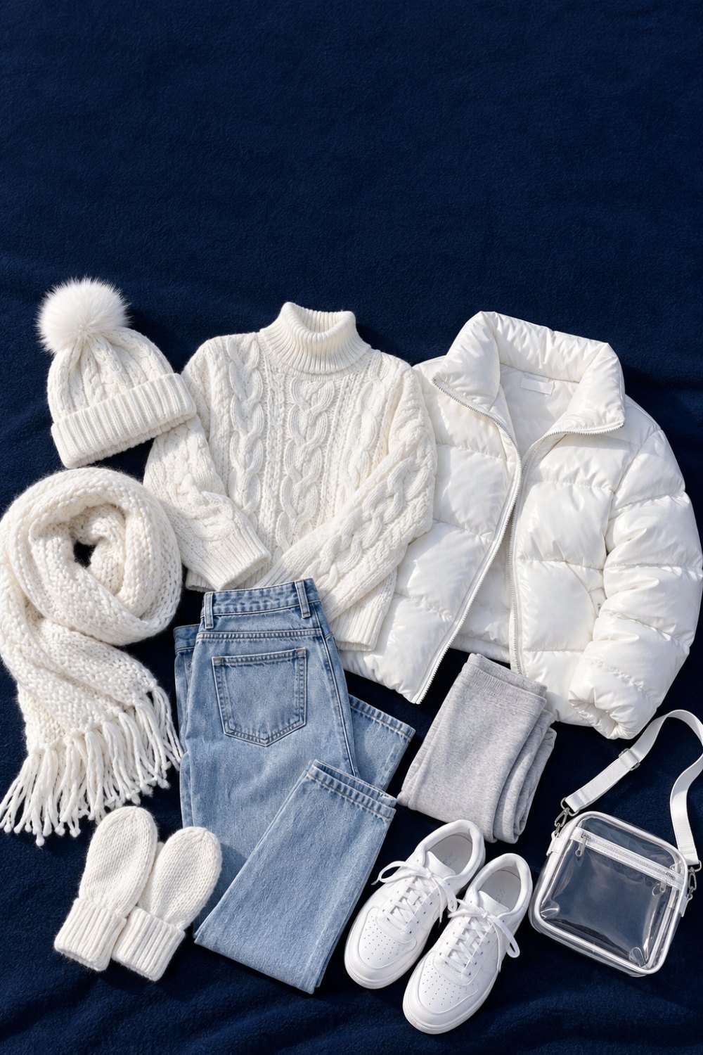 Flat lay of an all-white game day outfit on a navy blanket: white cable-knit turtleneck, white puffer jacket, light jeans, grey thermal leggings, white pom-pom beanie, chunky scarf, mittens, white sneakers and a clear crossbody bag