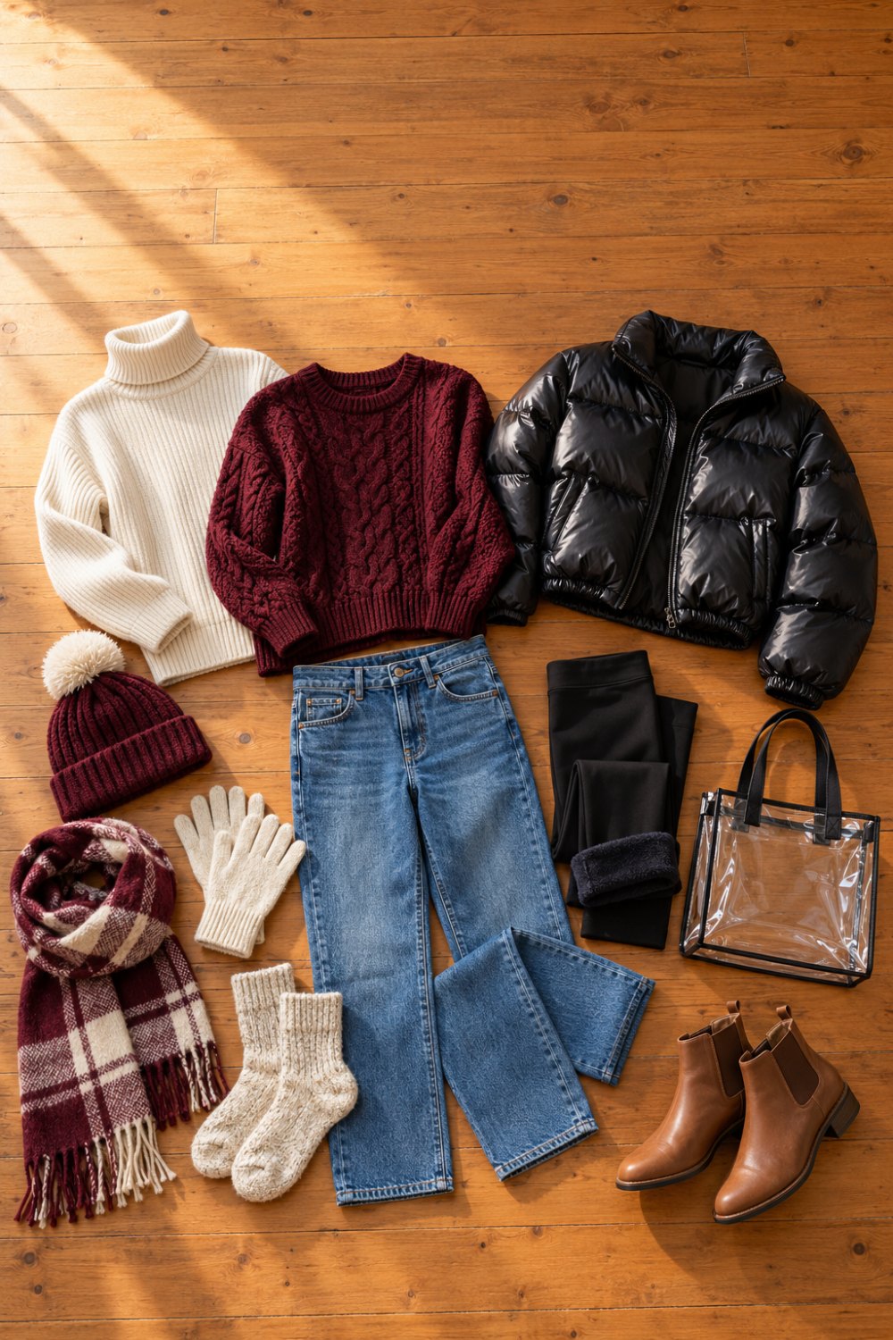 Flat lay of a women's cold weather game day outfit: cream turtleneck, maroon cable knit, black cropped puffer, jeans, fleece-lined leggings, tan ankle boots, wool socks, beanie, gloves, plaid scarf and a clear stadium tote
