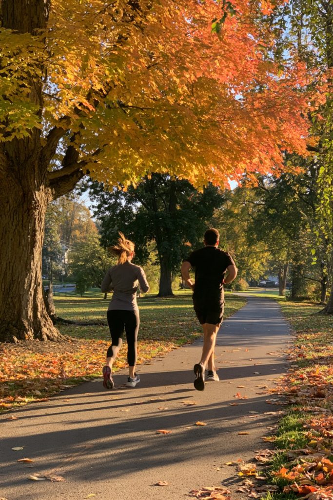 Two runners seen from behind on a tree-lined park loop covered in fall leaves