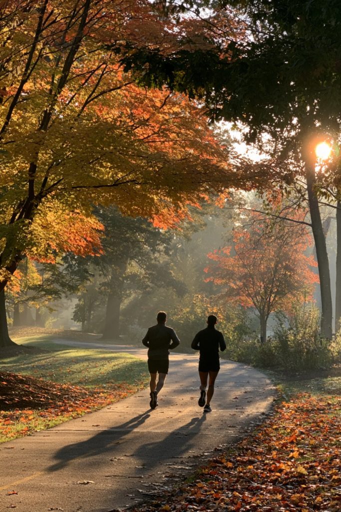 Runners jogging away along a sunny autumn park path