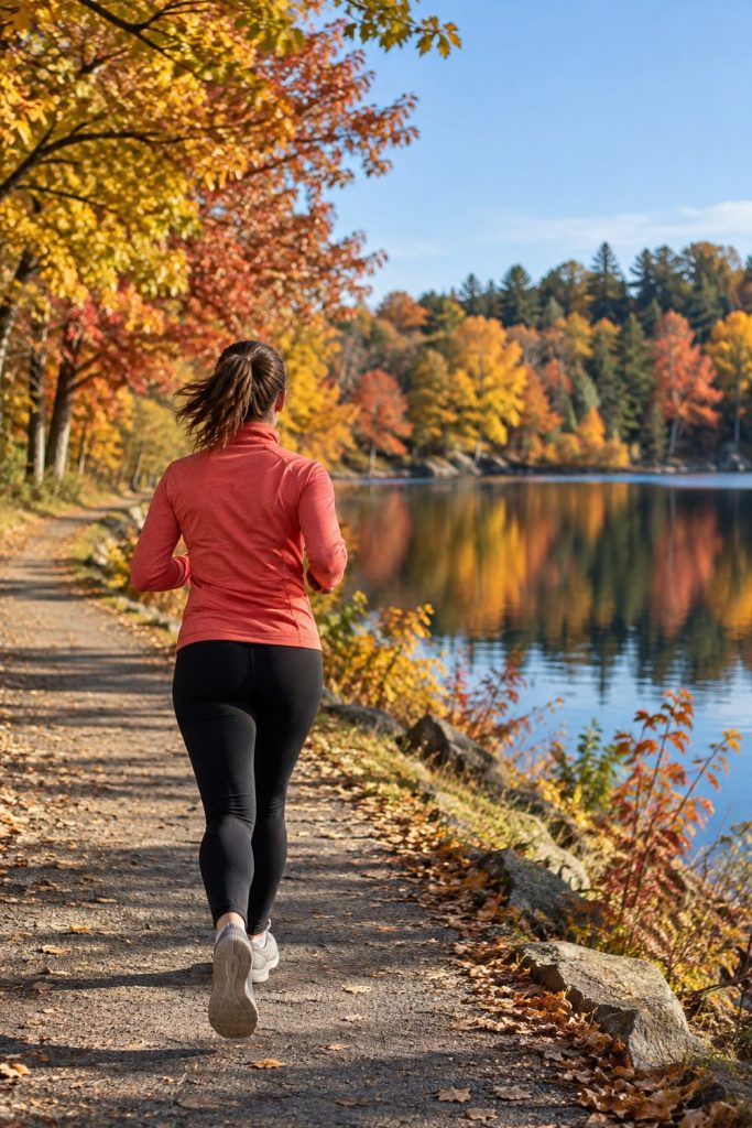 Woman seen from behind jogging along a lakeside path in a coral running jacket on a crisp autumn morning