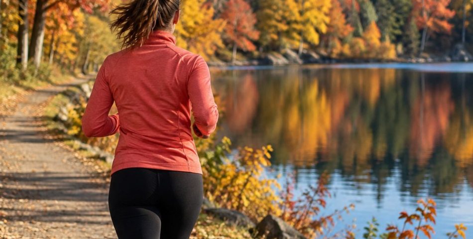 Woman seen from behind jogging along a lakeside path in a coral running jacket on a crisp autumn morning