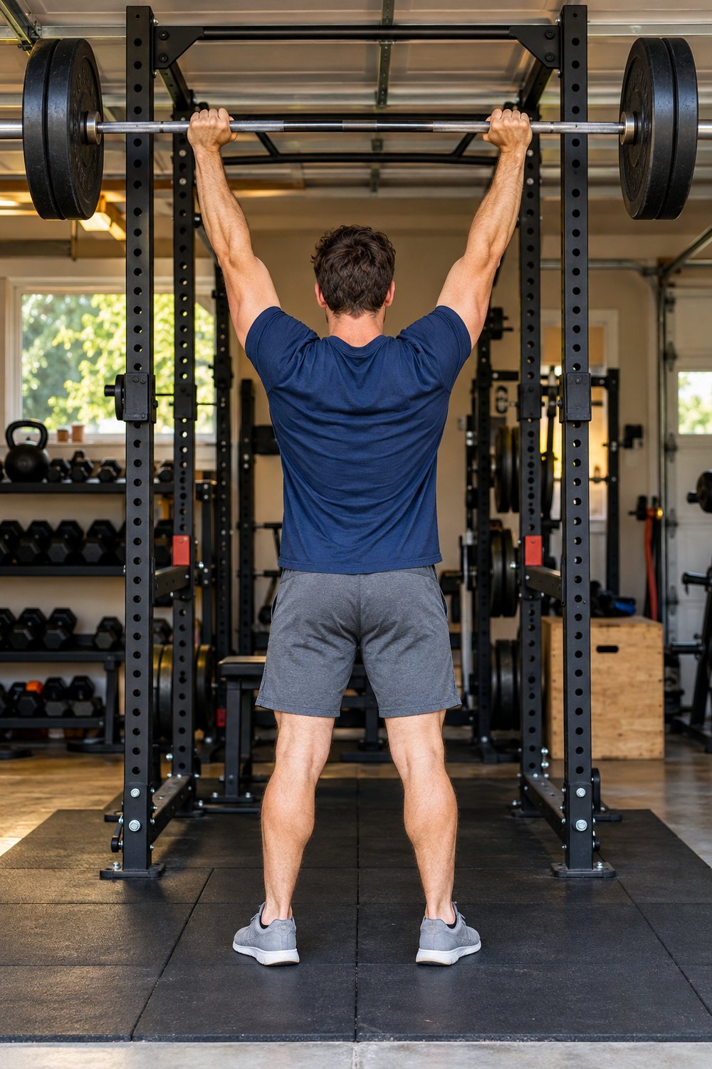 Man in a navy t-shirt pressing a barbell overhead inside a power rack in a garage gym