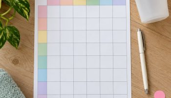 Blank 12-week planner grid with colored stickers, pink dumbbells, a shaker bottle and a towel on a wood floor