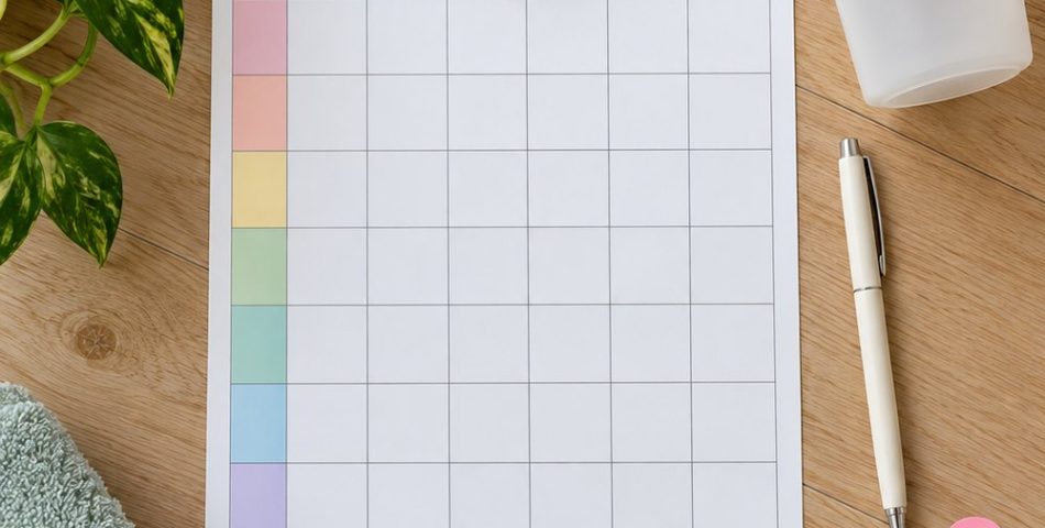 Blank 12-week planner grid with colored stickers, pink dumbbells, a shaker bottle and a towel on a wood floor