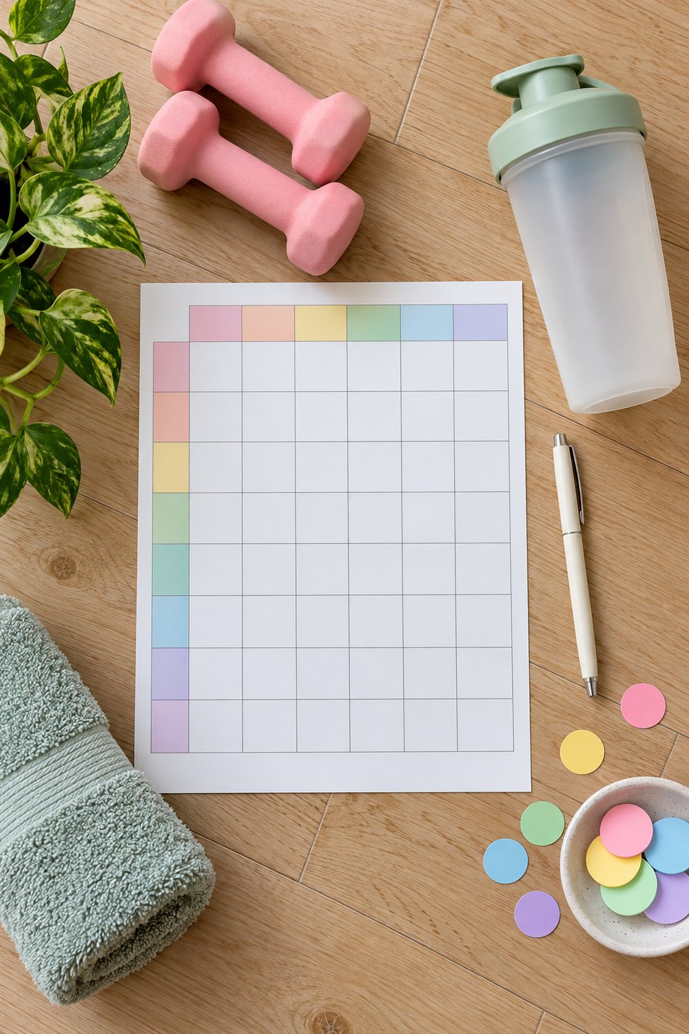 Blank 12-week planner grid with colored stickers, pink dumbbells, a shaker bottle and a towel on a wood floor