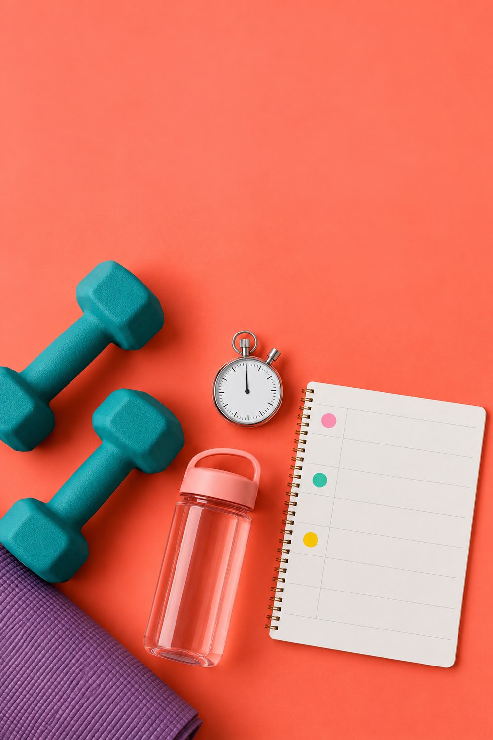 Dumbbells, stopwatch, water bottle and a weekly planner with three training days marked on a coral background