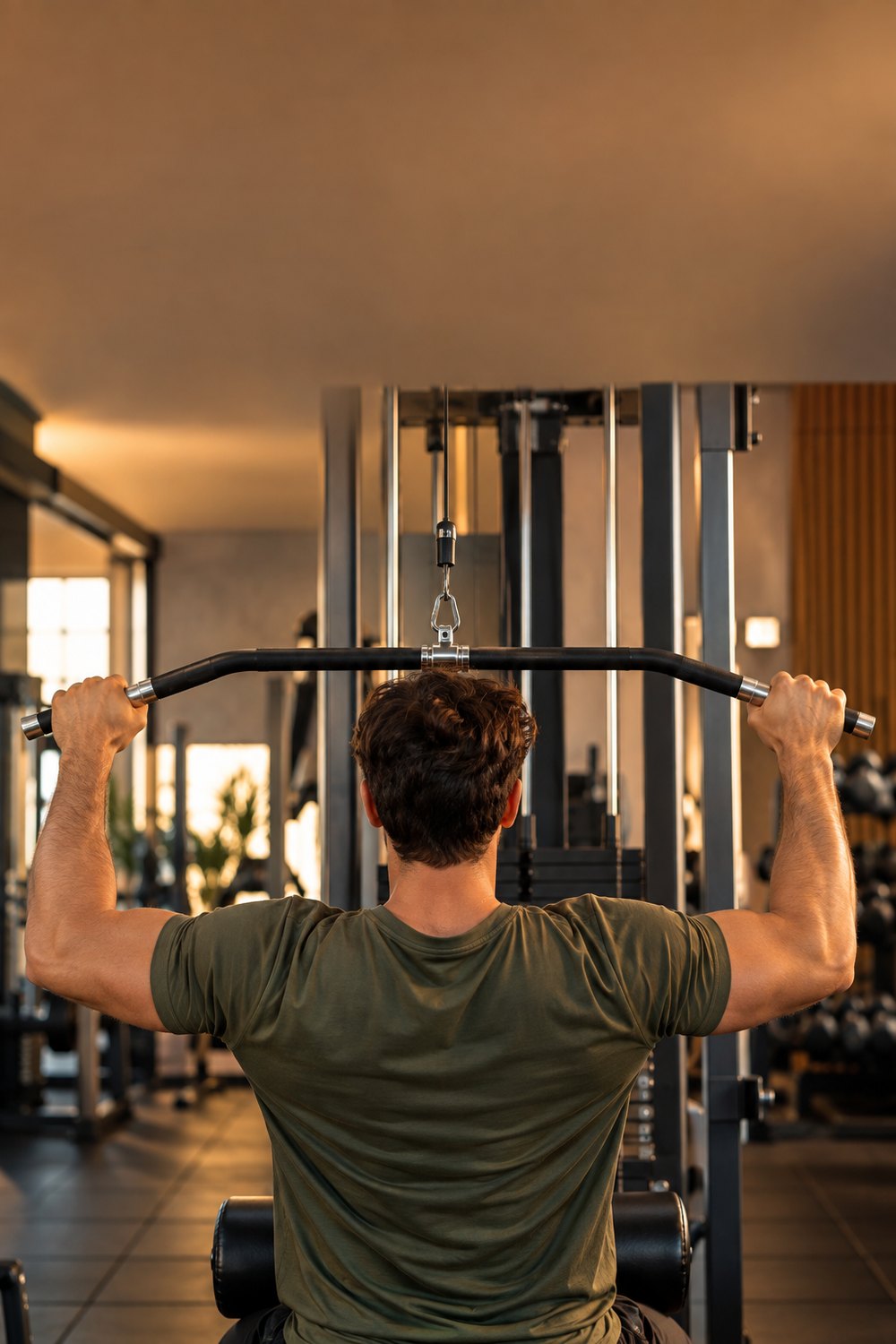 Man seen from behind doing a lat pulldown in a warmly lit gym
