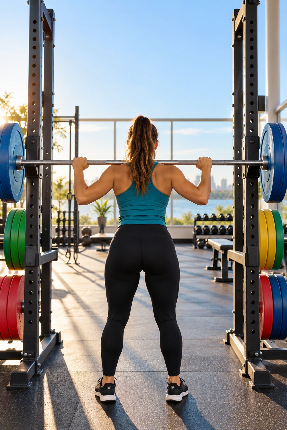3 day workout split for beginners: woman seen from behind setting up a barbell squat in a bright gym