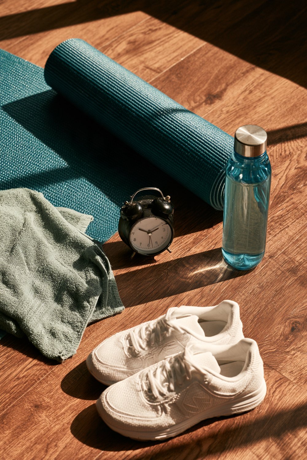 Home core workout setup: rolled teal yoga mat, towel, analog timer, water bottle and white sneakers on a wood floor