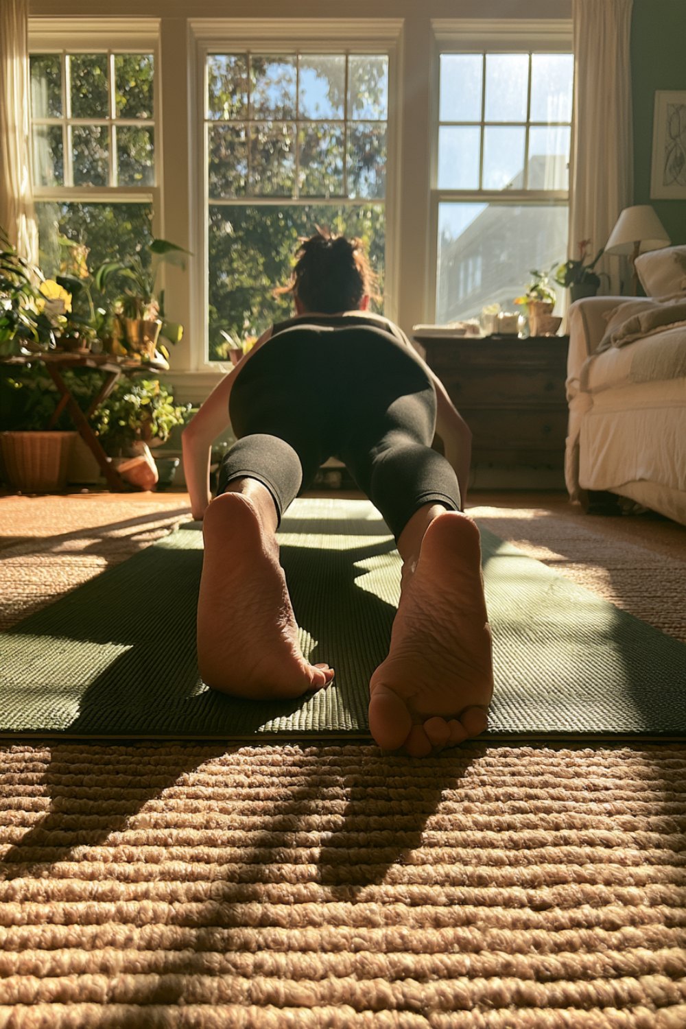 Forearm plank on a yoga mat in a sunny living room, seen from behind at floor level