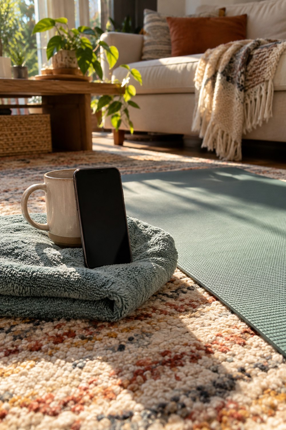 Phone propped against a coffee mug on a folded towel beside a yoga mat, ready to time a plank test