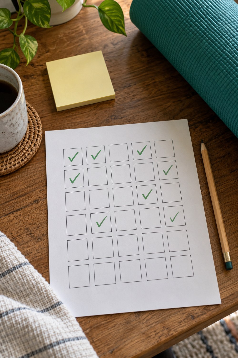 Paper grid tracker with green check marks, a pencil and sticky notes next to a teal yoga mat