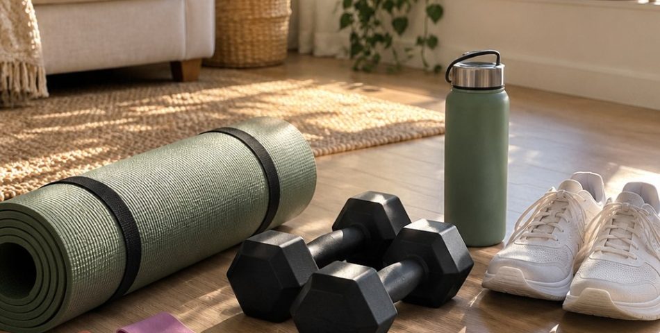 Home workout corner with a rolled yoga mat, hex dumbbells, resistance bands, a jump rope, water bottle and sneakers