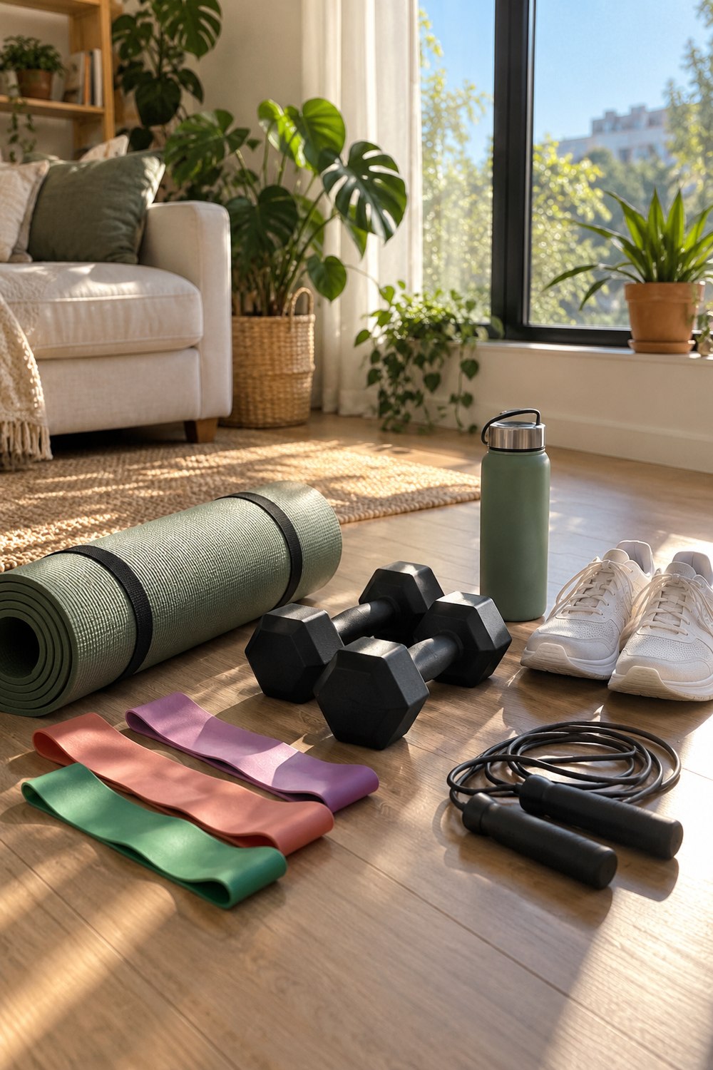 Home workout corner with a rolled yoga mat, hex dumbbells, resistance bands, a jump rope, water bottle and sneakers