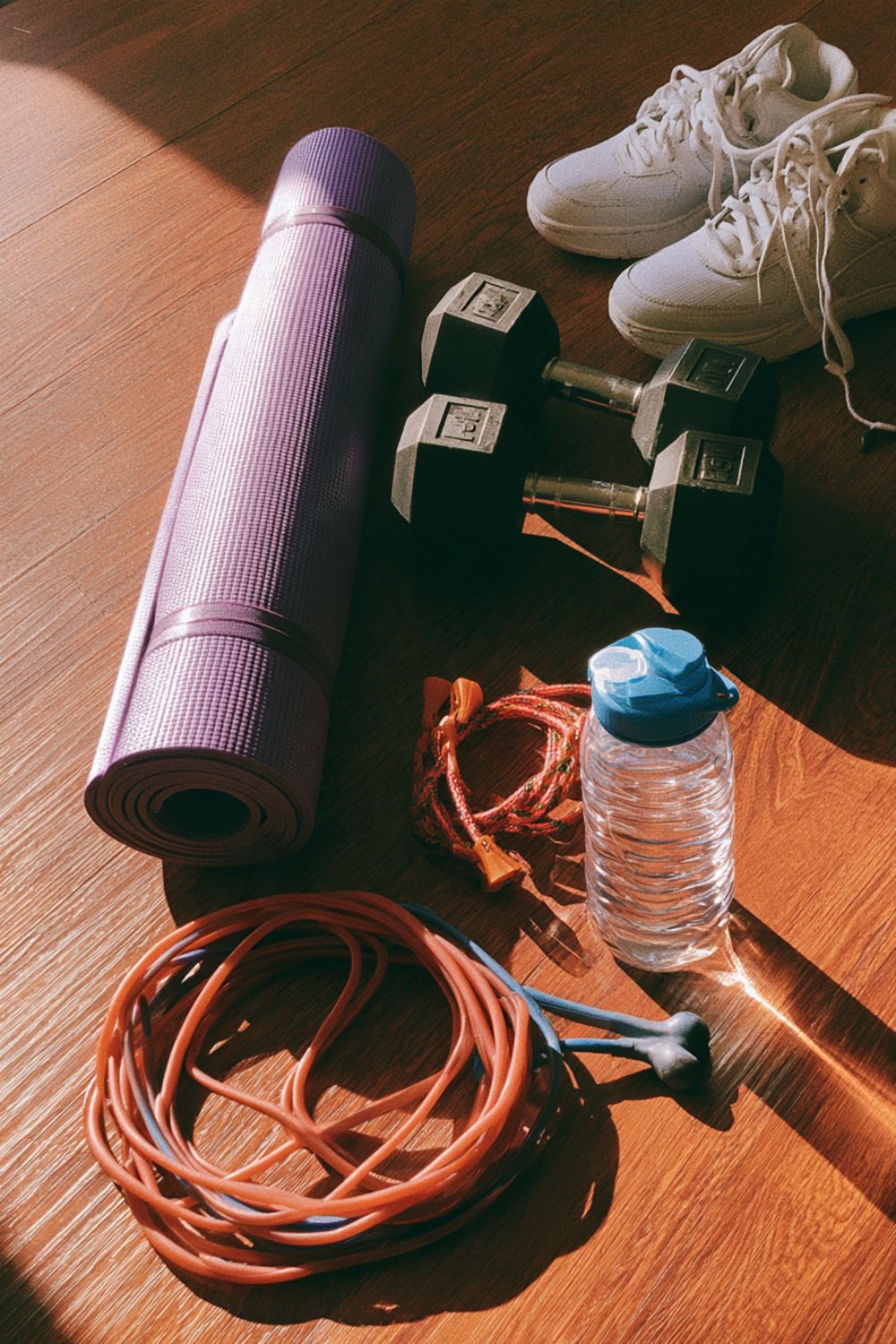 Purple yoga mat, small dumbbells, bands and a water bottle set out for a home workout challenge