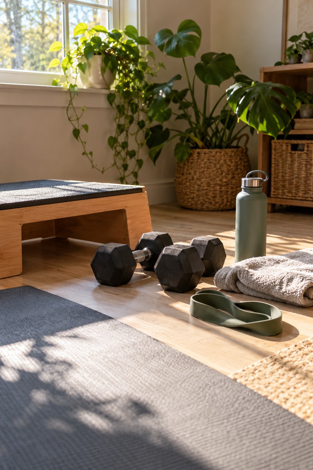 Home workout corner with dumbbells, water bottle, towel, resistance band and step platform ready for a 30 day workout challenge