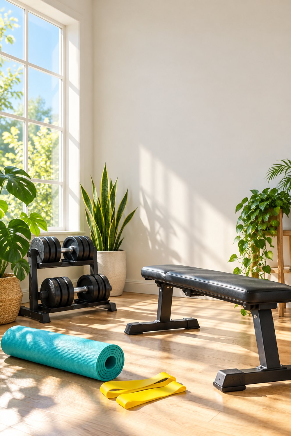 Sunny home gym corner with adjustable dumbbells, a flat bench, a teal yoga mat and mini bands