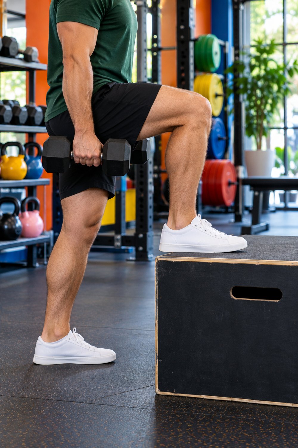 Man doing a dumbbell step-up onto a plyo box during a lower body session