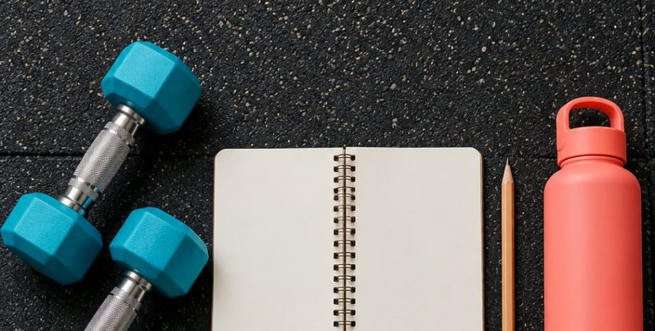 Flat lay of teal dumbbells, a blank notebook, water bottle, resistance band and four colored notes for a 4 day workout split