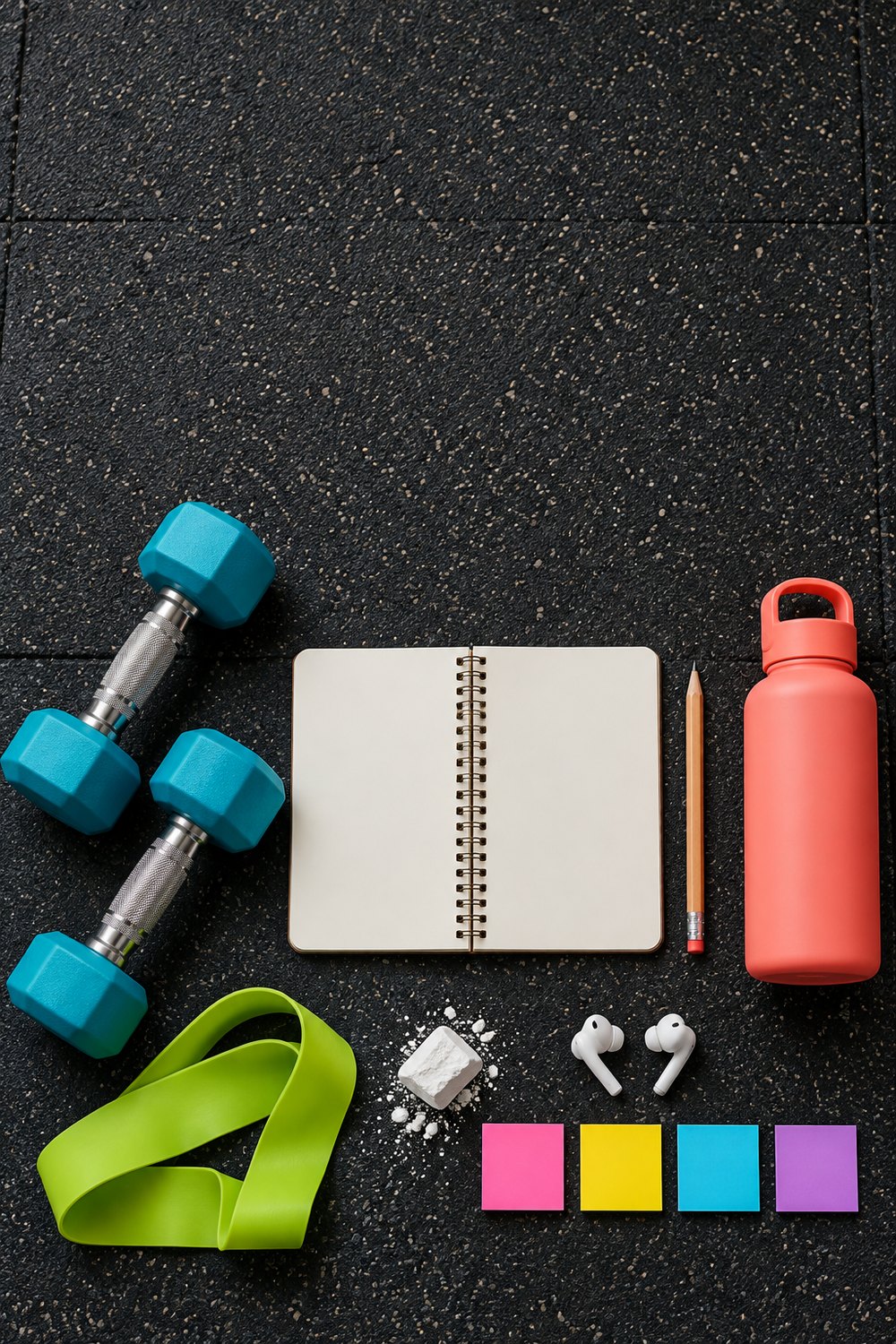 Flat lay of teal dumbbells, a blank notebook, water bottle, resistance band and four colored notes for a 4 day workout split