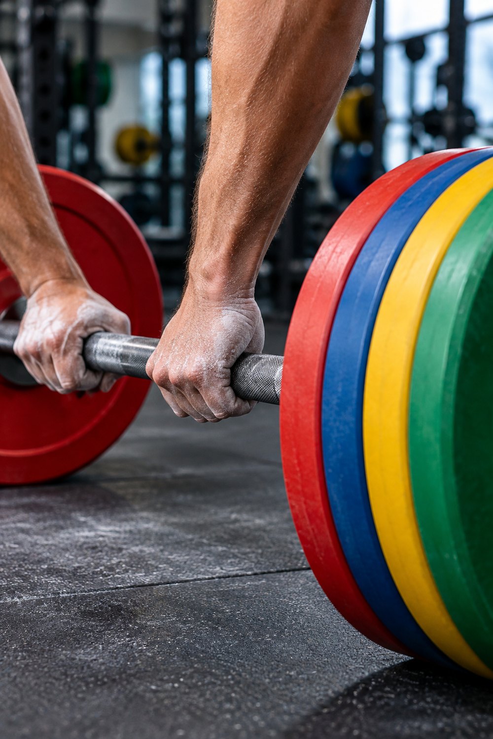 Chalked hands gripping a barbell loaded with red, blue, yellow and green bumper plates
