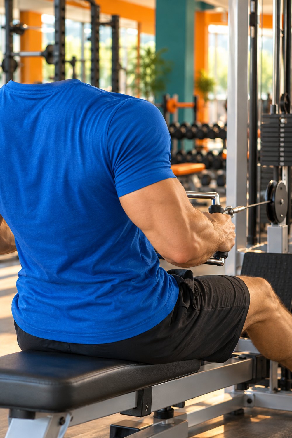 Man in a blue t-shirt doing a seated cable row on upper day, seen from behind