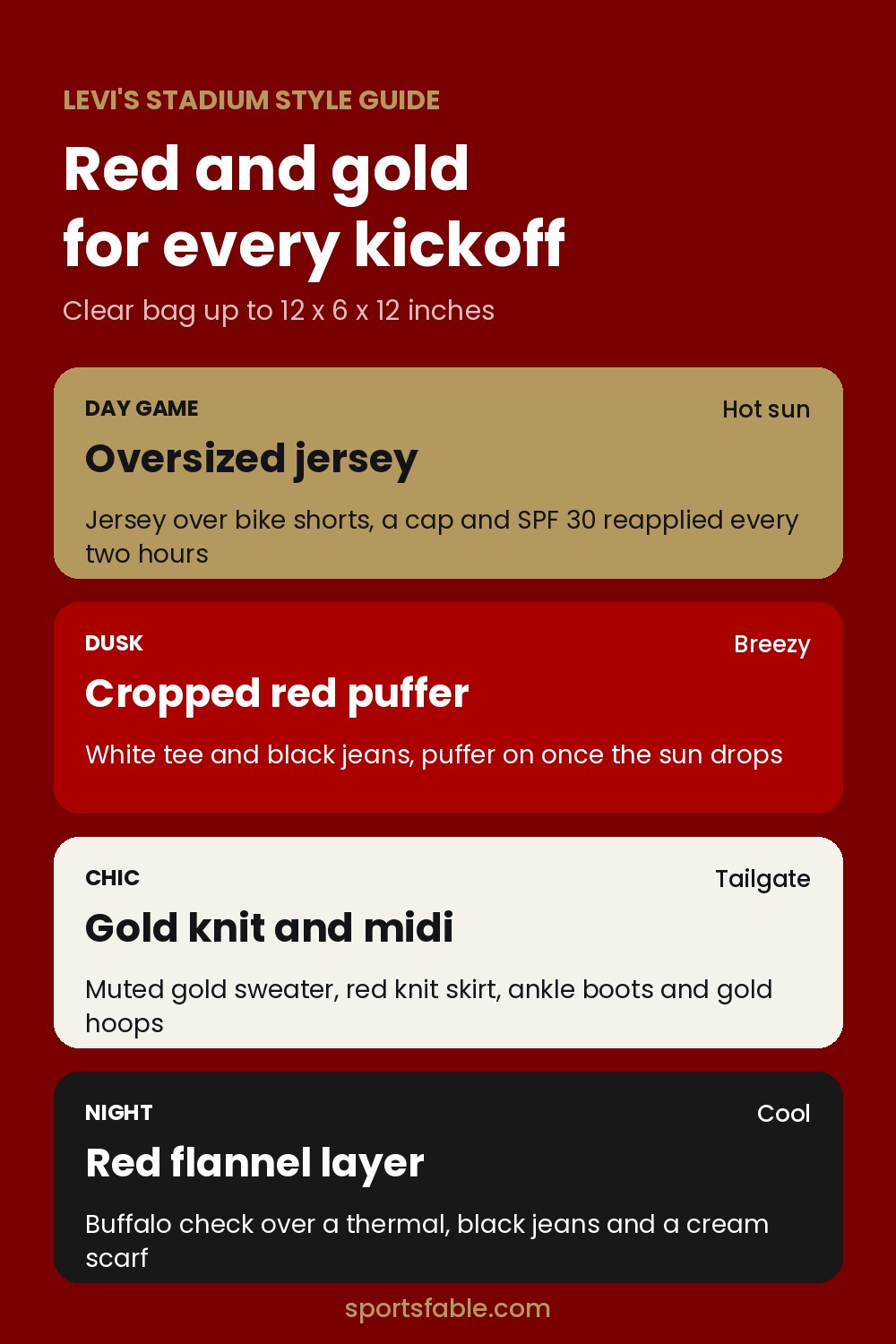 Style card with four red and gold game day looks for day, dusk, tailgate and night games