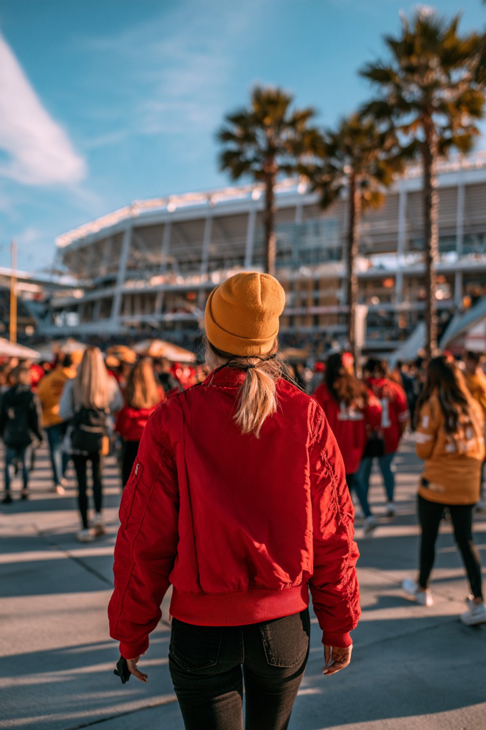 Fans in red and gold seen from behind walking toward a stadium past palm trees on a sunny day, wider view