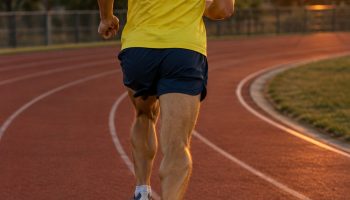 Runner in a yellow singlet seen from behind running a fast interval on a red track at golden hour