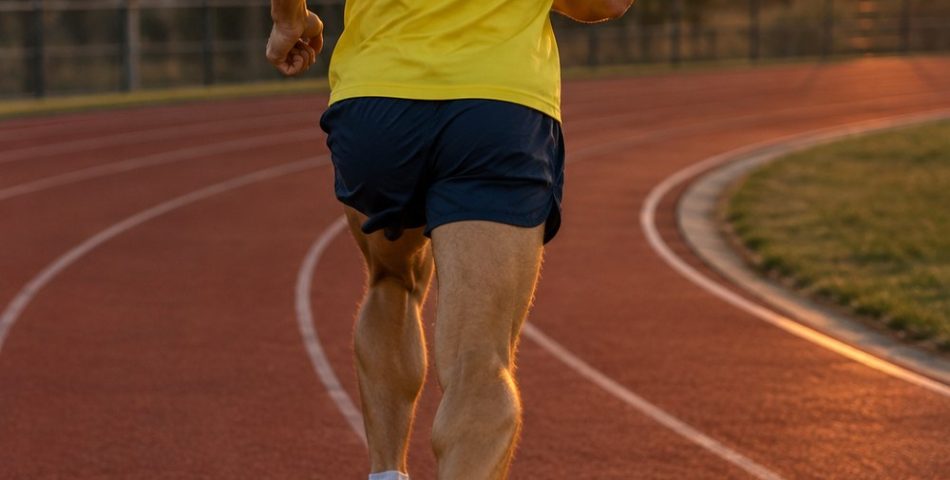 Runner in a yellow singlet seen from behind running a fast interval on a red track at golden hour