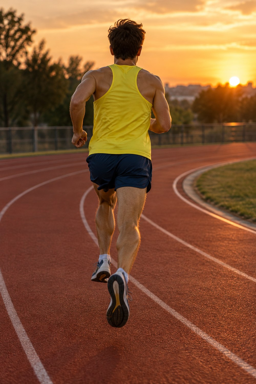 Runner in a yellow singlet seen from behind running a fast interval on a red track at golden hour