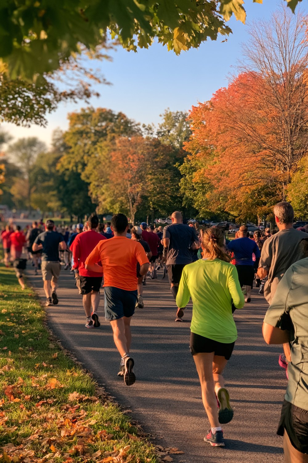 Runners seen from behind at the start of a community 5K in an autumn park
