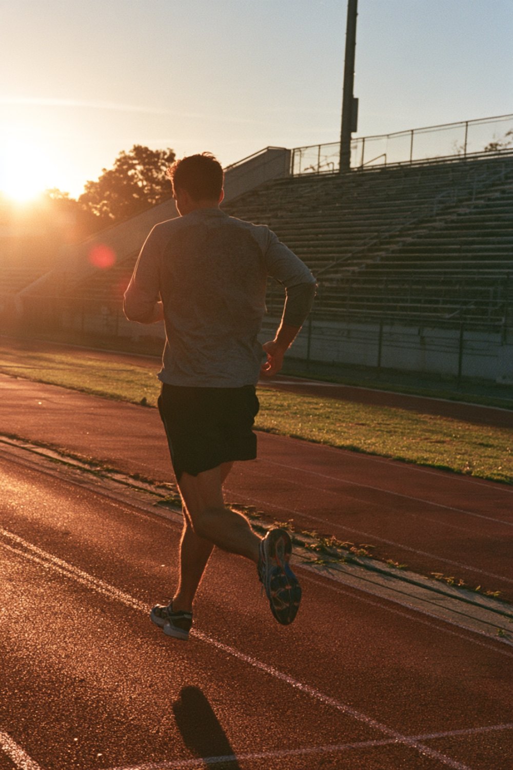 Runner seen from behind on a stadium track during a sunset interval session