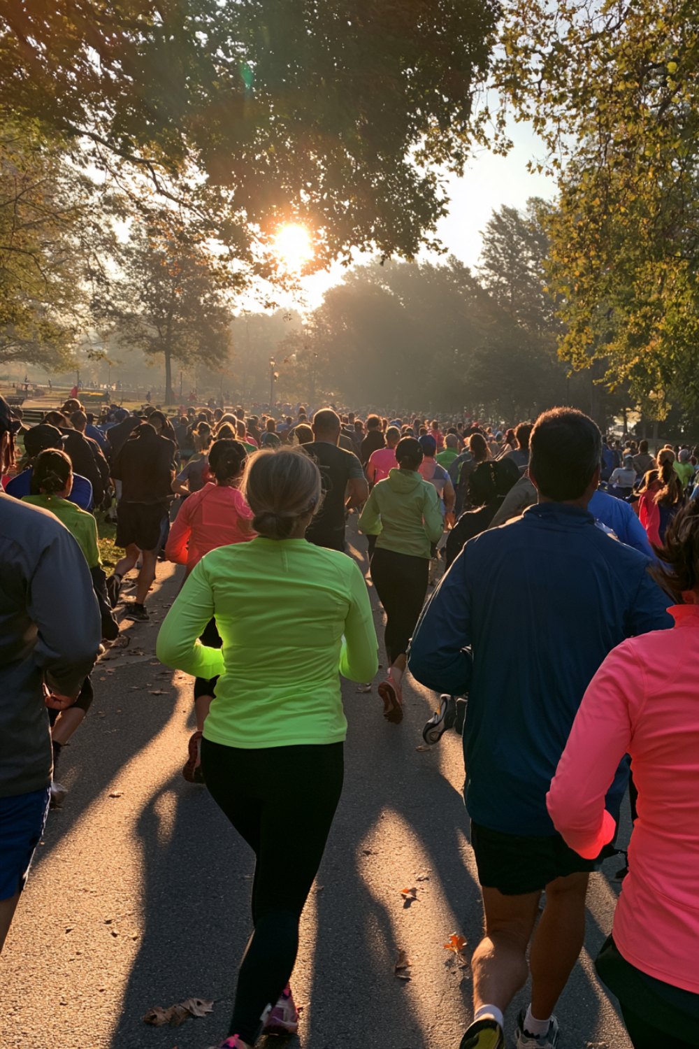Crowd of runners seen from behind heading off from a park race start in the morning sun