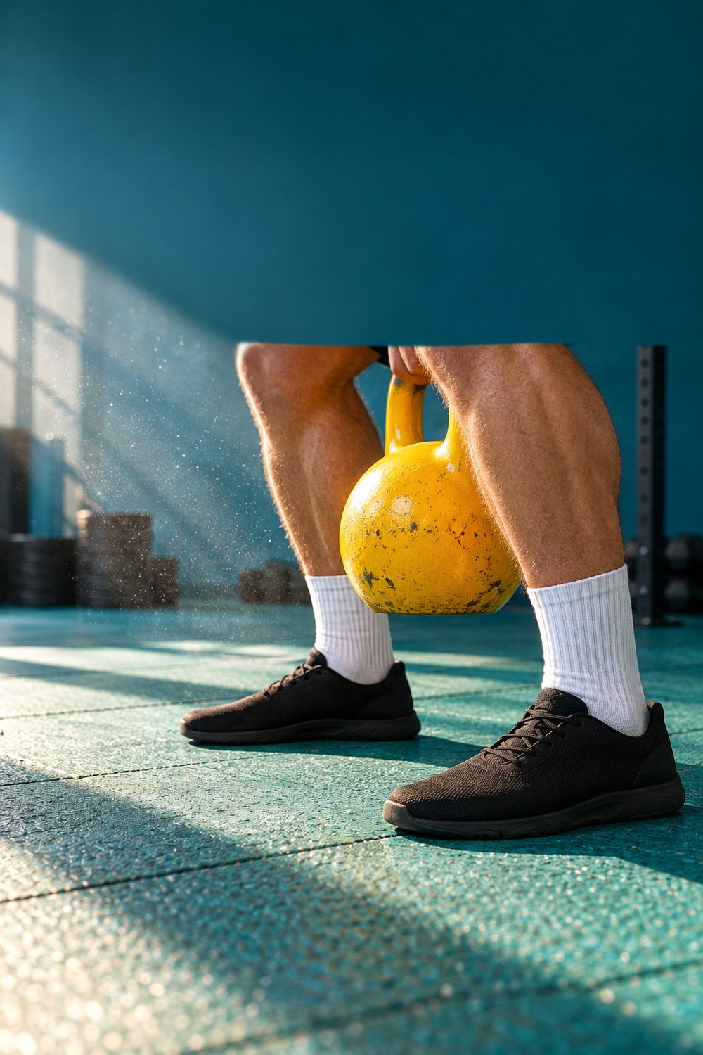 Close-up of legs during a goblet squat with a yellow kettlebell on a teal gym floor on leg day