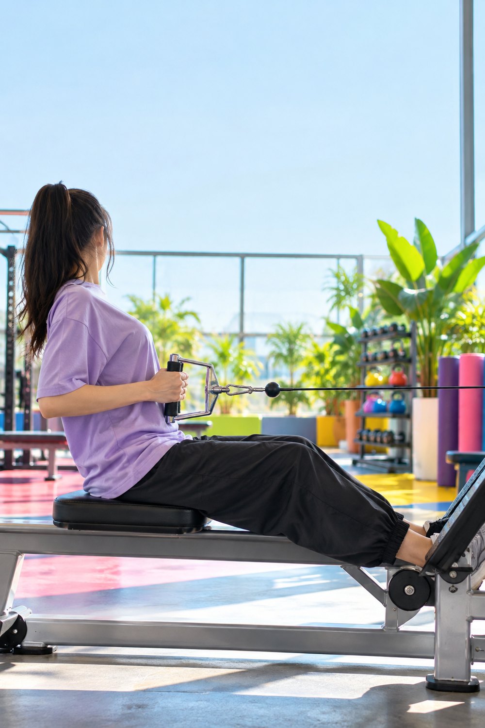 Woman in a lavender t-shirt doing a seated cable row on pull day, face turned away